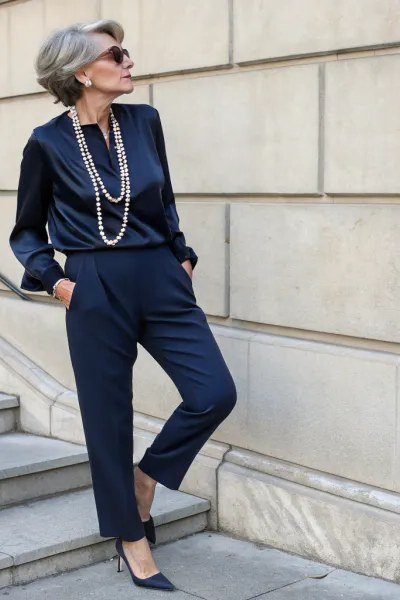 Navy satin shirt with navy tapered trousers for women over 50