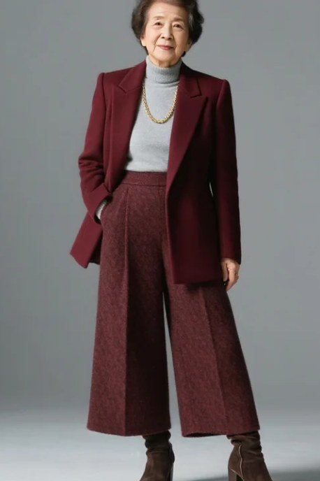 burgundy blazer with burgundy wide leg trousers church outfit for women over 60