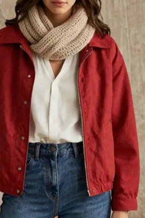 red jacket, cream scarf and jeans fall outfit for women over 60
