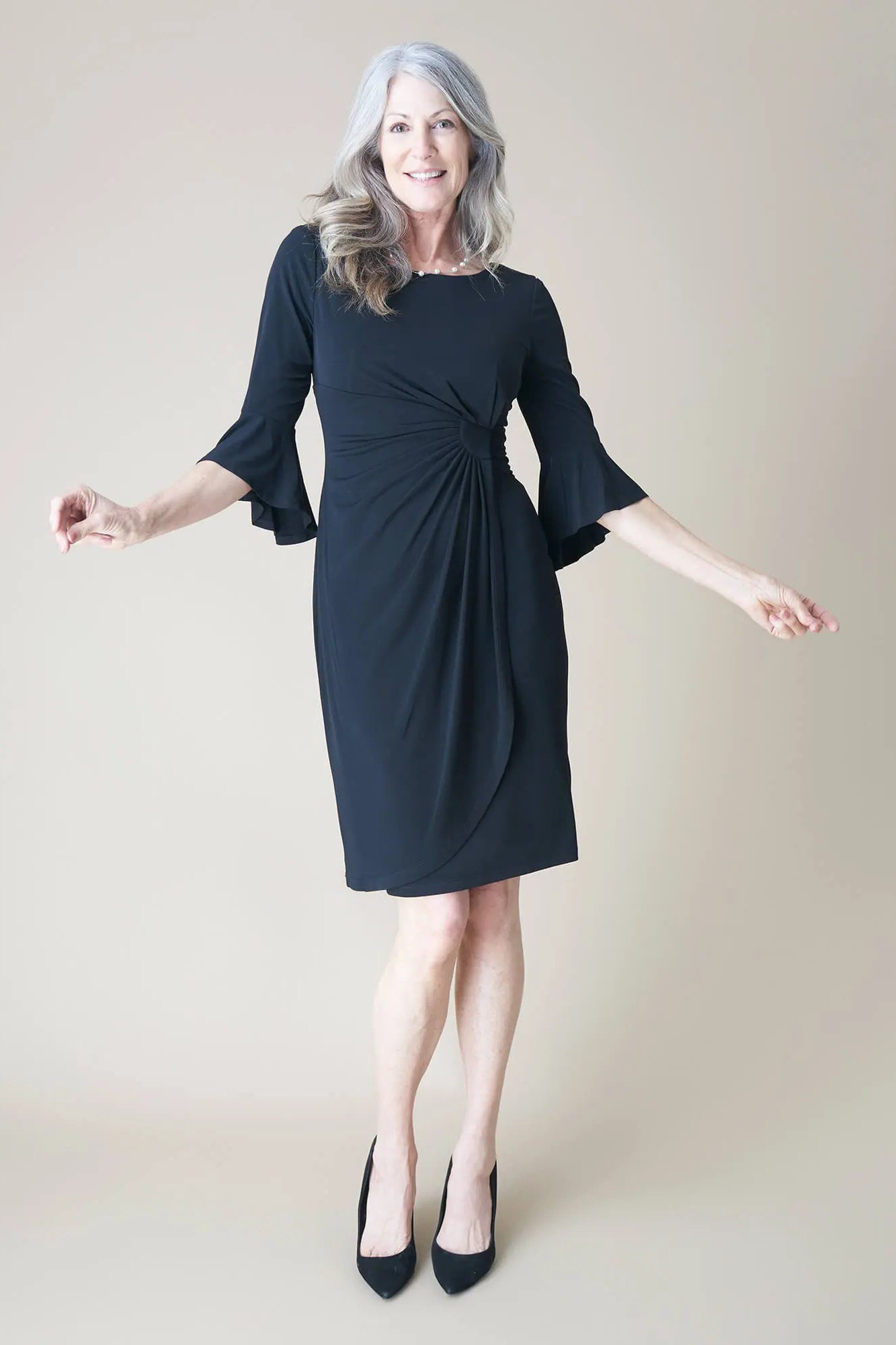 Black twist-front three-quarter-sleeve dress for women over 50