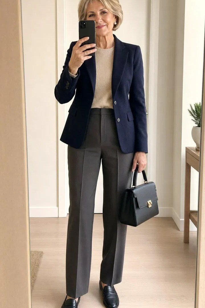 Woman over 50 wearing a navy blazer with a beige top and gray trousers, mirror selfie