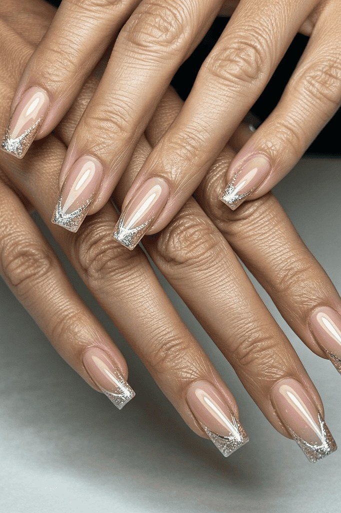 Older Hands Nude Almond with Silver Tips - elegant nude nail design for women over 60