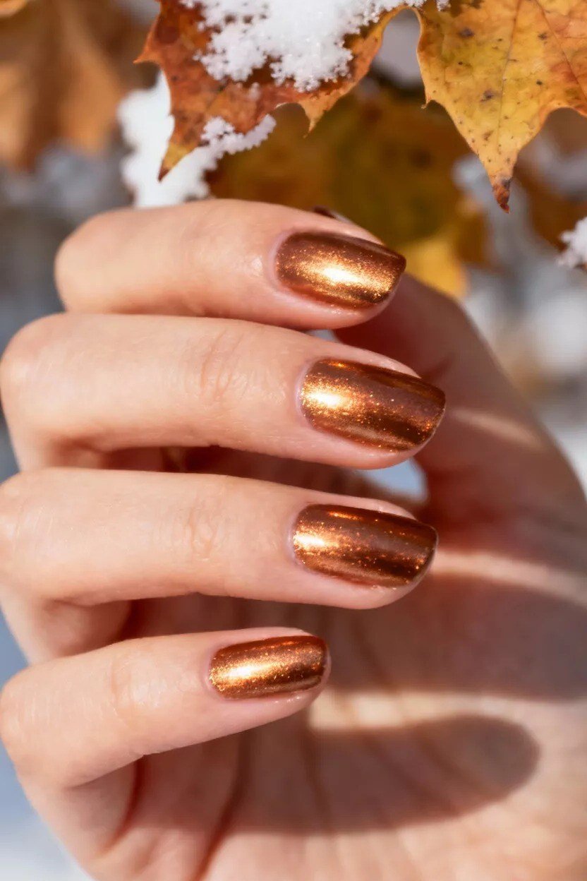 Copper Chrome Nails with Snowy Leaves, chocolate brown fall nail design for women over 60