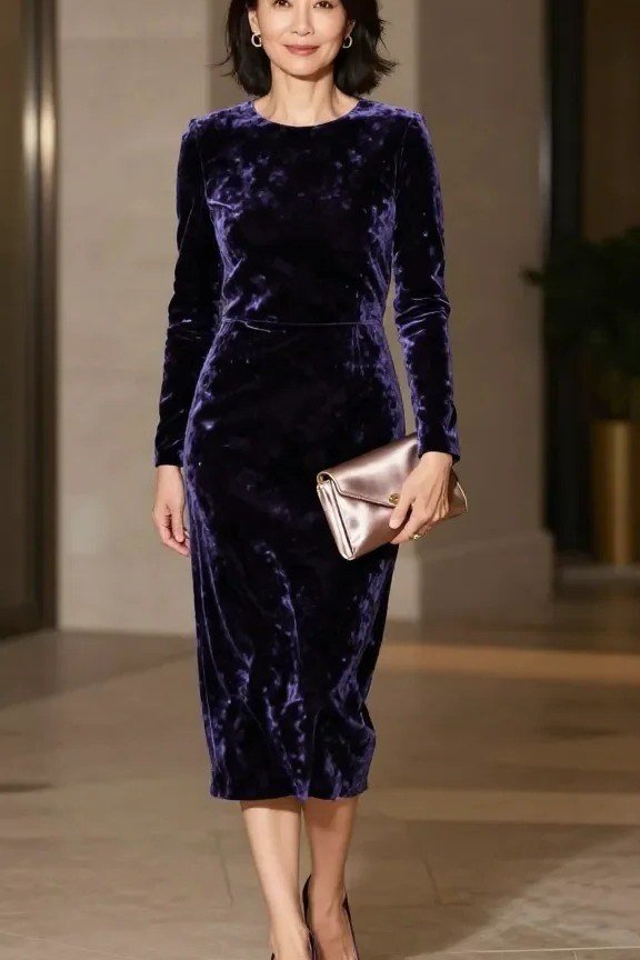 purple velvet midi dress, elegant cocktail dress for women over 60