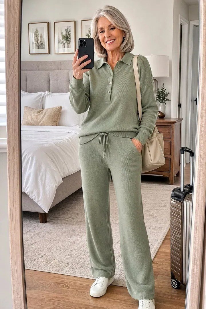 Woman over 50 wearing sage green sweatsuit, everyday casual outfit idea