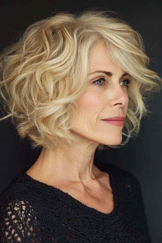 blonde wavy layered bob, side view, dark background — chin-length layered bob hairstyle for women over 50