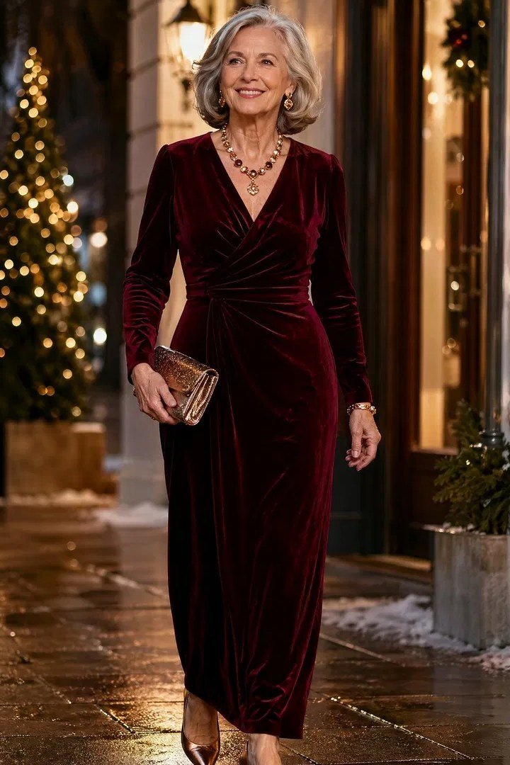 holiday evening outfit for women over 60: burgundy velvet wrap gown with clutch