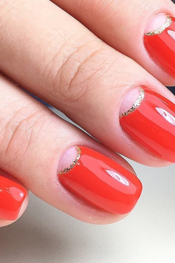 Red With Gold Cuticle Band - short nail design for women over 60 that makes nails look longer