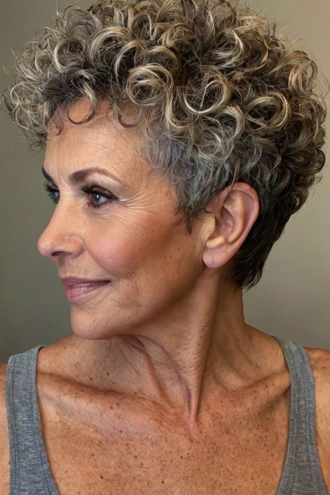 Salt-and-pepper curly pixie side view - curly hairstyle for women over 60