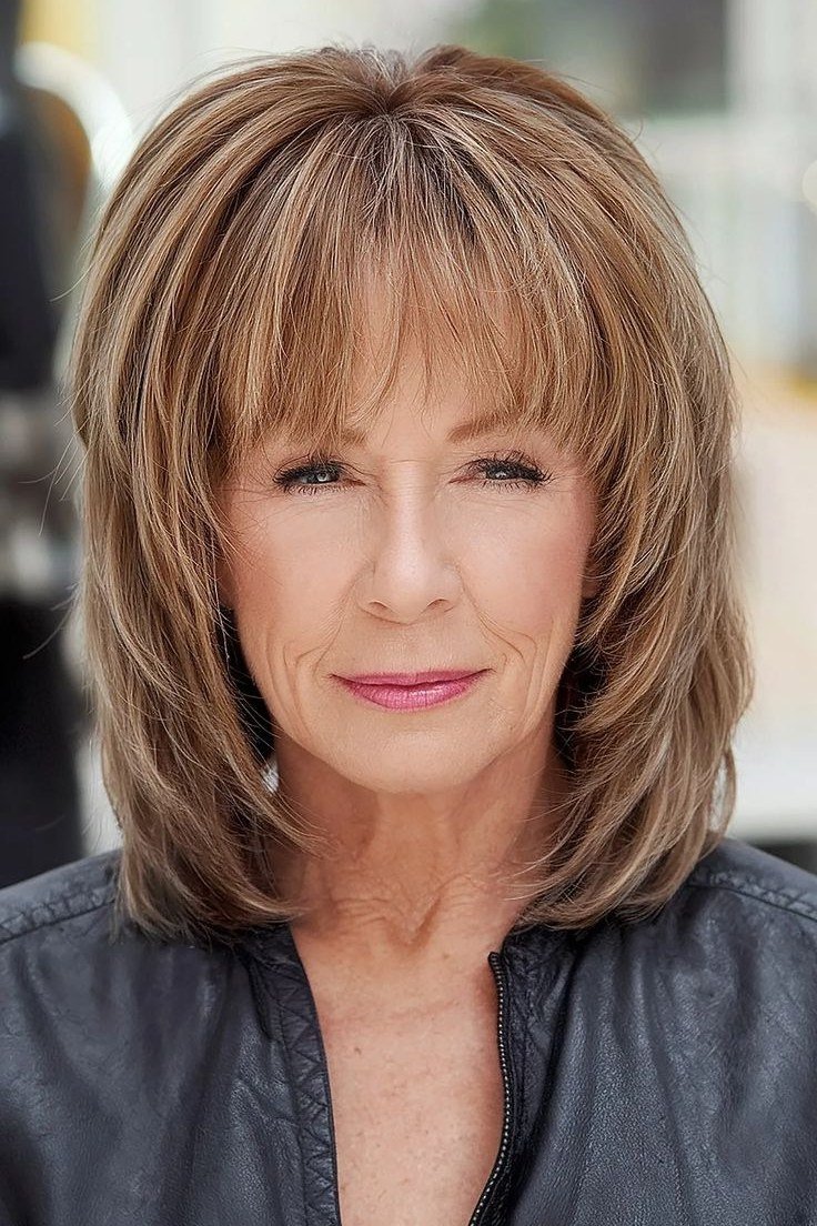 Brunette Layered Bob With Soft Bangs for women over 60