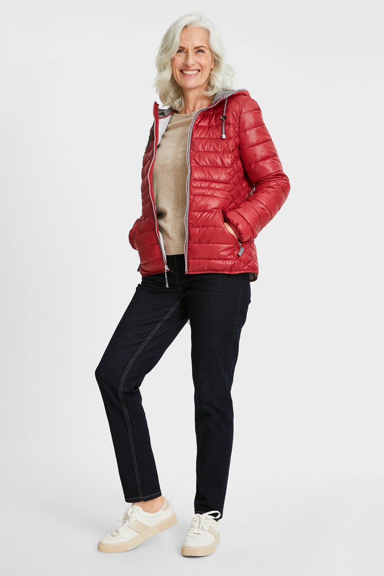 Red quilted jacket outfit for women over 60
