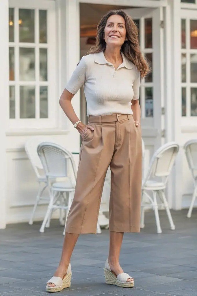 cream polo camel culottes outfit over 50