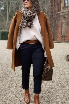 Camel Coat with a Leopard Scarf - fall outfit idea for women over 50