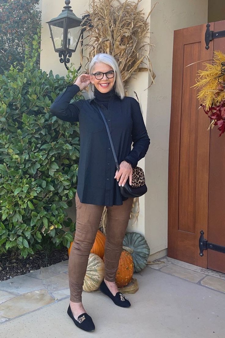 Navy Sweater with Brown Pants, classy outfit for women over 60