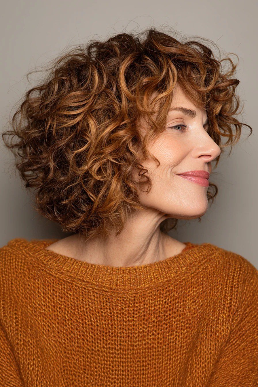 Copper Curly Bob in Profile - short curly hairstyle for women over 60