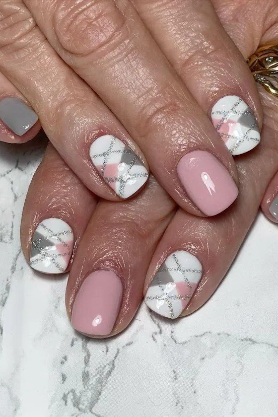 Pink and Gray Marble Short Nails - short nail design for women over 40