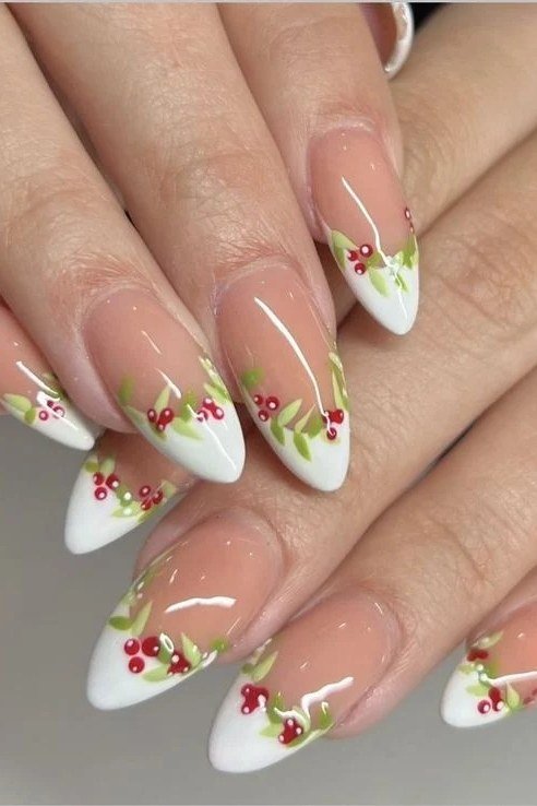 nude christmas nails with holly vine nail art