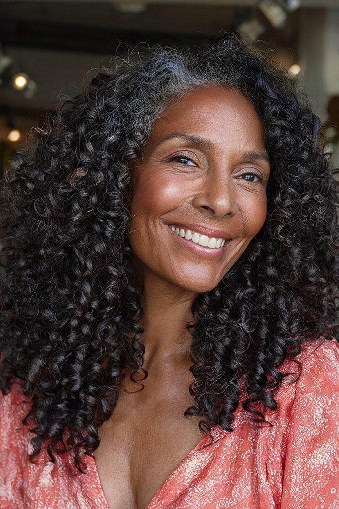 Long dark coily curls for mature Black women