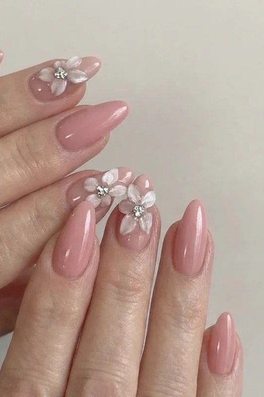 Mauve nails with 3D flower art, best manicure idea for women over 60