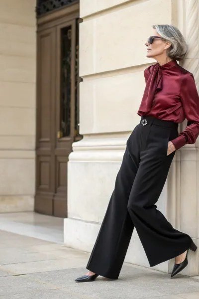 Rust satin blouse with black wide-leg trousers for women over 50