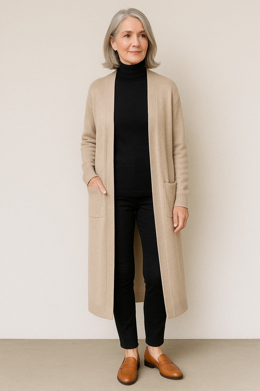 Easy casual outfit idea for women over 50: camel long cardigan and black turtleneck, older woman everyday style
