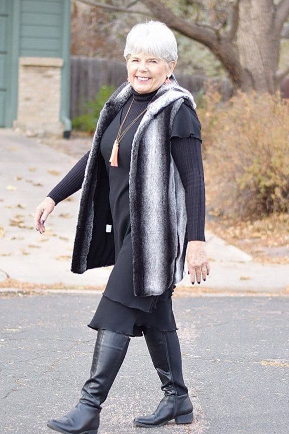 gray faux fur vest with black top church outfit for women over 60