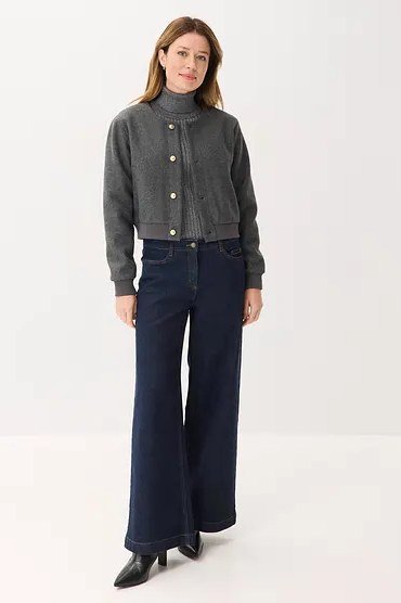 grey bomber and black wide trousers fall outfit for women over 60