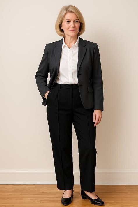 Woman over 50 wearing a classic black suit with a white shirt for the office