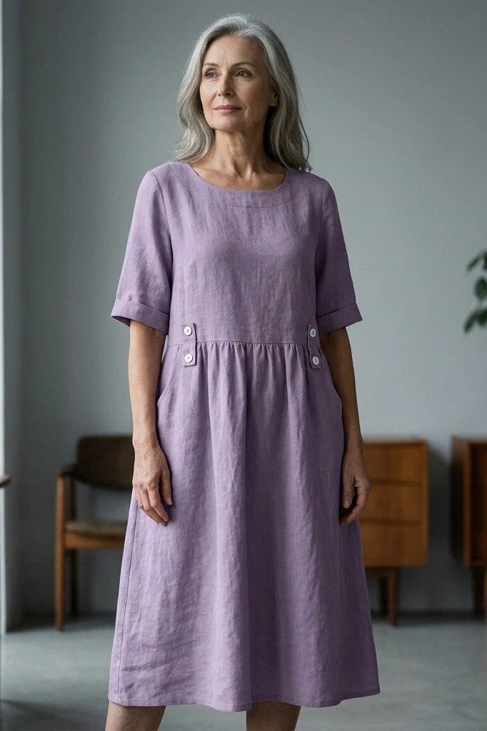 Lavender gathered midi dress, older grey-haired woman, modern interior