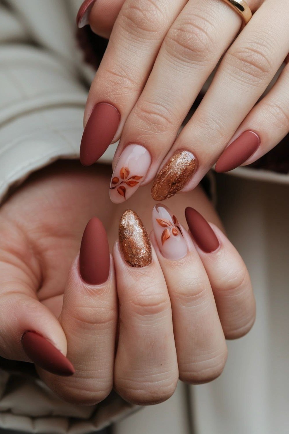 Mauve Floral Short Almond Nails, chocolate brown fall nail design for women over 60