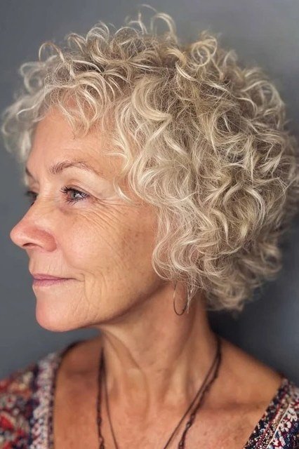 White-blonde curly bixie haircut side view for women over 60