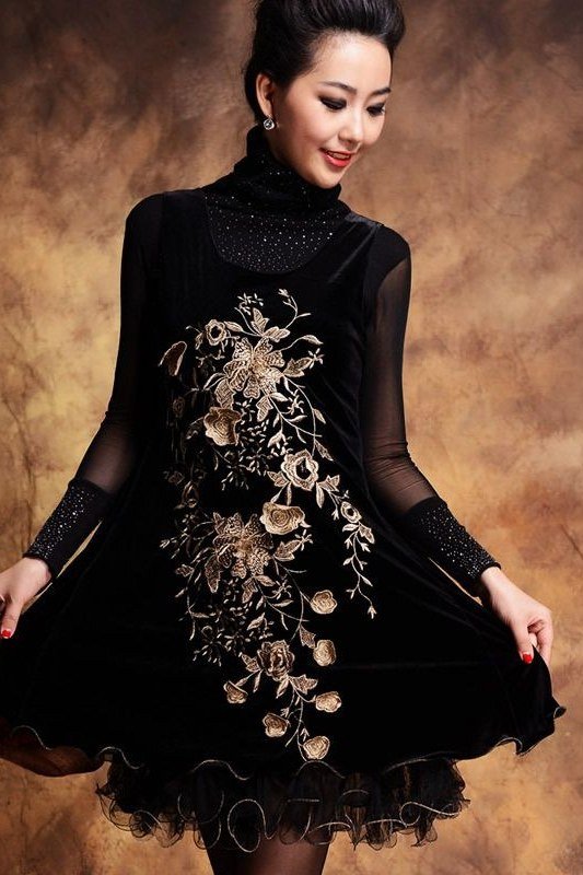 black dress with gold embroidery, elegant cocktail dress for women over 60