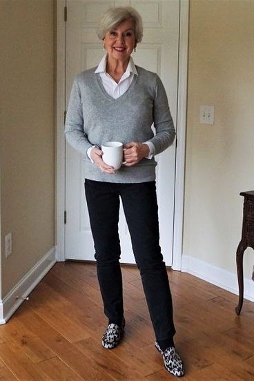 grey v neck cardigan white shirt black jeans leopard flats women over 50