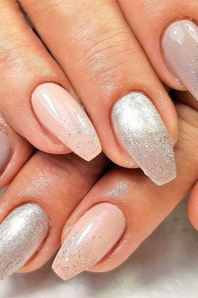 Silver Glitter Nude Nails - nude nail art idea for women over 40