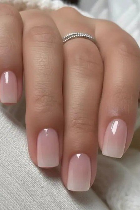 milky pink white baby boomer fade on medium square nails