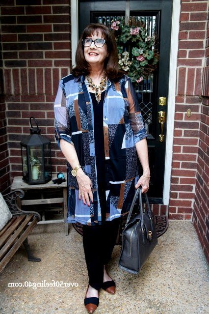 Patchwork Kimono with Black Pants - chic casual outfit for women over 50
