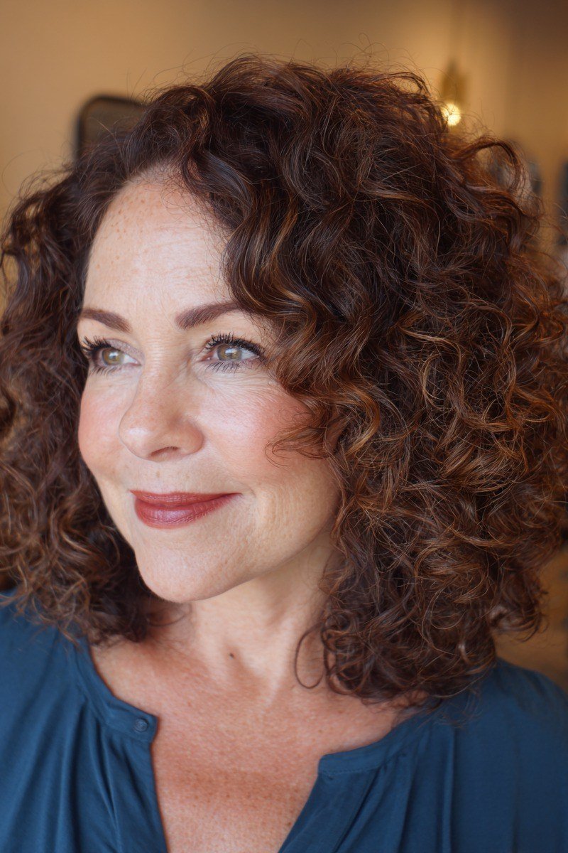 Dark Brown Curly Voluminous Lob - medium hairstyle for women over 60