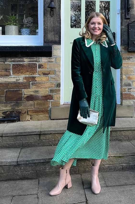 Emerald Velvet Coat with Patterned Dress - fall outfit for women over 40
