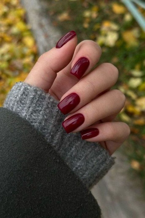 Deep Red Short Nails with Fall Leaves, fall nail color idea for women over 50
