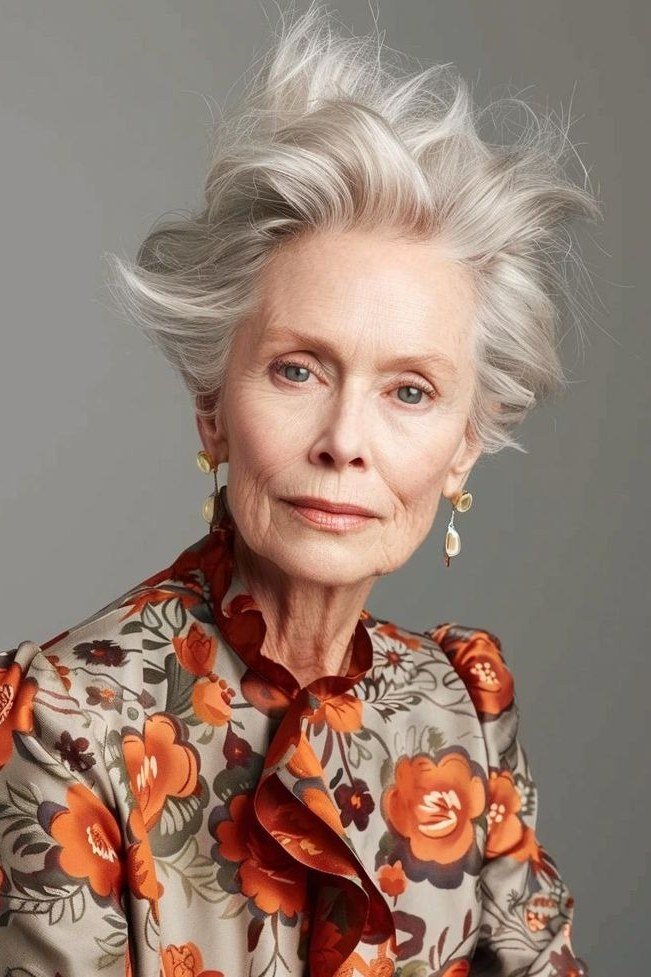 White windswept pixie haircut for women over 50