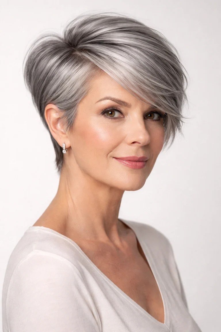 Silver pixie with crown volume, three-quarter view, micro pixie cut for women over 60 going silver