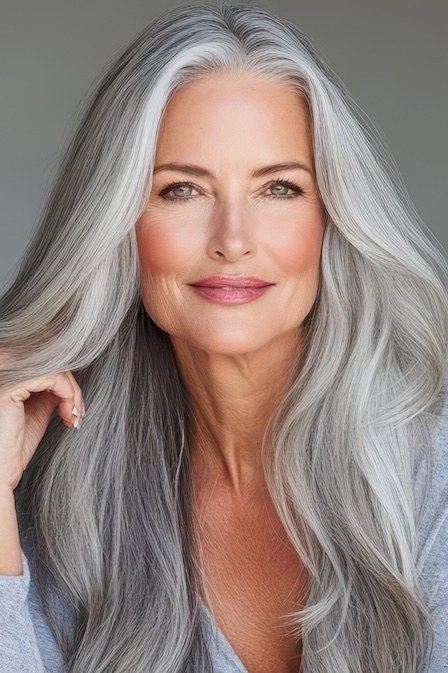 Long Straight Silver Hair - grey hairstyle for women over 60