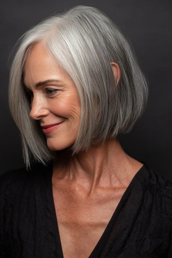 grey sleek bob, side view for women over 50