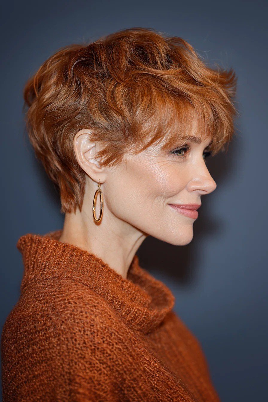 Copper feathered pixie, choppy layers, side view for women over 60
