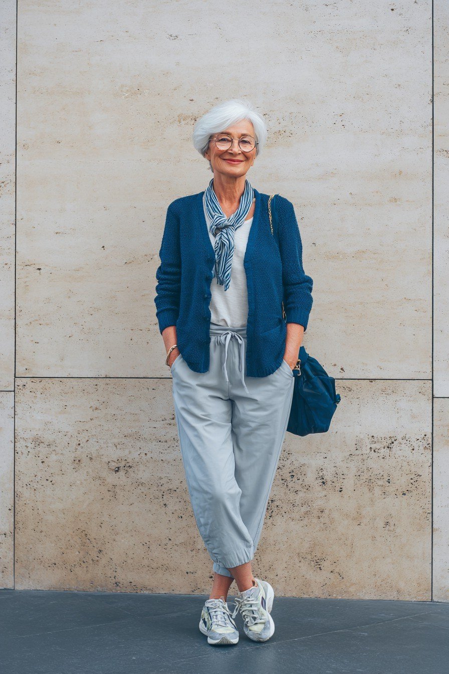 Woman over 60 in a blue cardigan with grey joggers and white sneakers