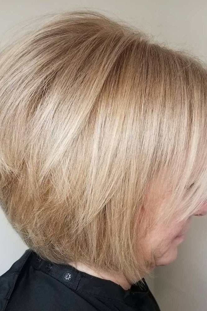 Blonde layered bob, side view - wispy hairstyle for women over 40