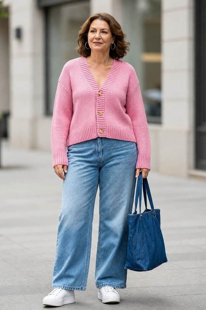 Woman over 60 wearing pink cardigan, light wide jeans, blue tote, white sneakers