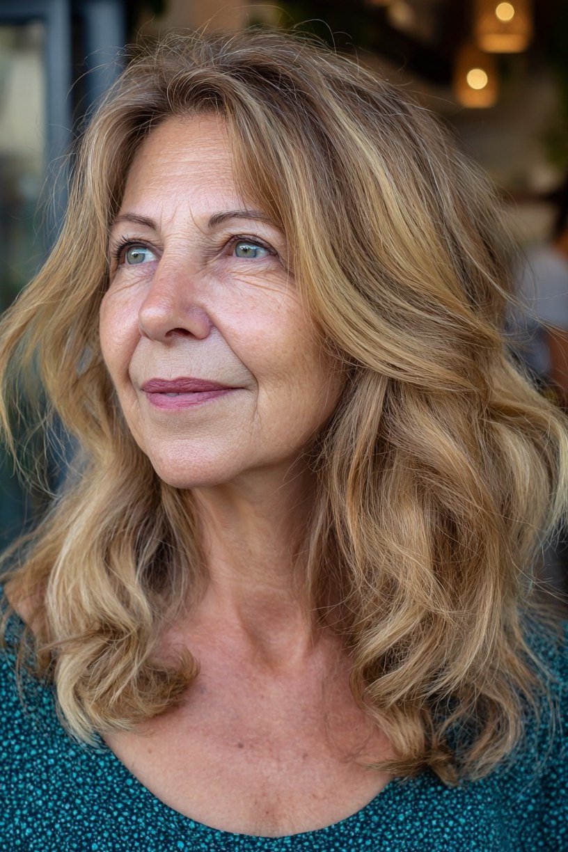 blonde waves, 3/4 view, medium length hairstyle for women over 60