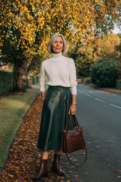 Easy casual outfit idea for women over 50: white turtleneck and green pleated skirt, older woman everyday style
