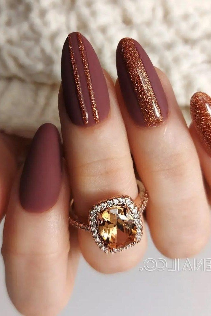 Glitter Chocolate Almond Nails with Gold Ring, chocolate brown fall nail design for women over 60